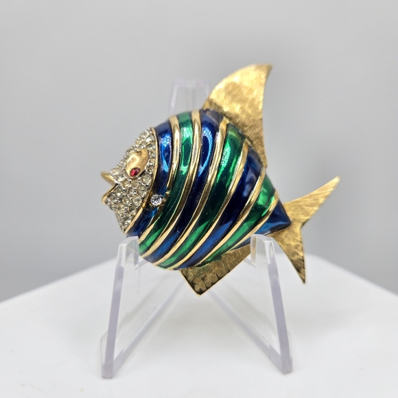 Jomaz Mazer Brooch Pin Rhinestone Enamel Goldtone Fish...